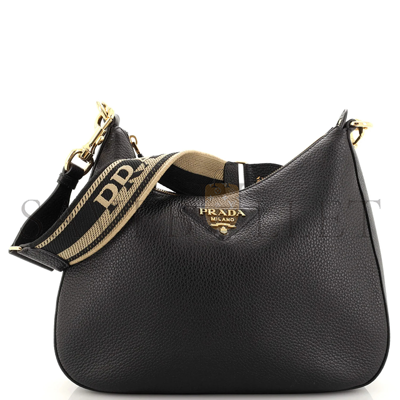 PRADA LOGO STRAP SHOUDLER BAG LEATHER MEDIUM BLACK 1BC178 (32*25.5*7.5cm)